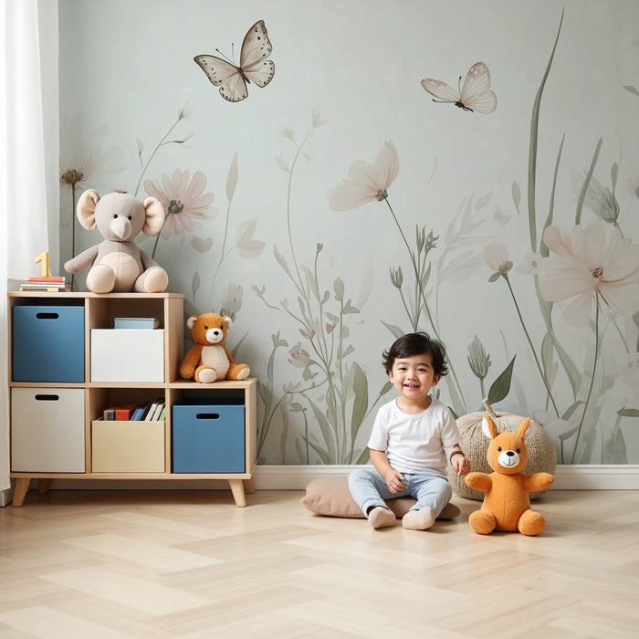 Papier peint chambre bébé | Douce prairie florale et papillons délicats
