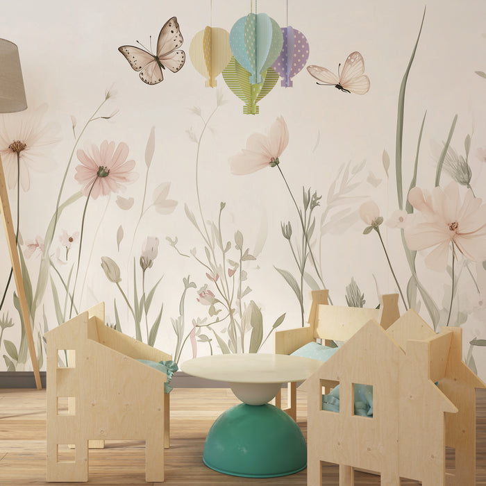 Papier peint chambre bébé | Douce prairie florale et papillons délicats