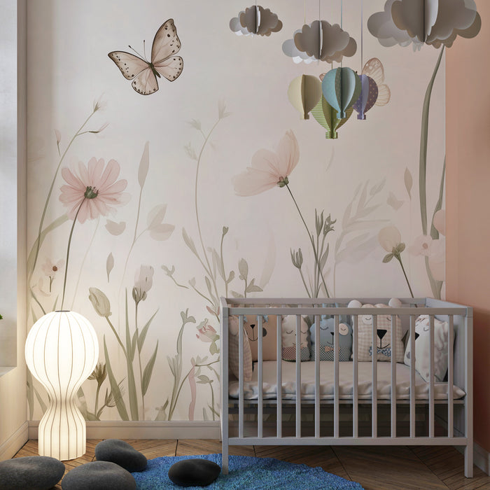 Papier peint chambre bébé | Douce prairie florale et papillons délicats
