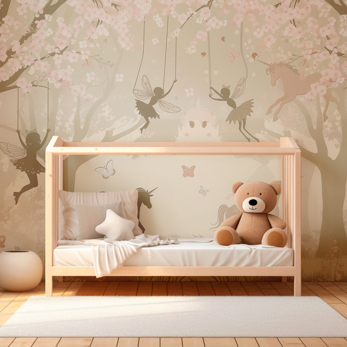 Papier peint chambre enfant | Forêt enchantée avec fées et licornes en fleurs de cerisier