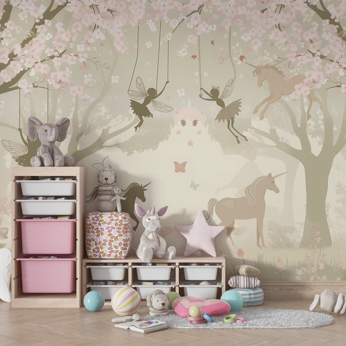 Papier peint chambre enfant | Forêt enchantée avec fées et licornes en fleurs de cerisier