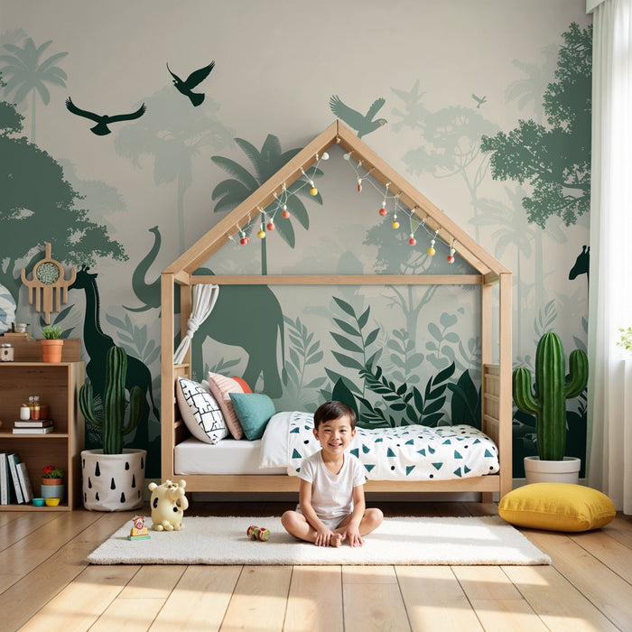 Papier peint chambre enfant | Jungle luxuriante avec éléphants et girafes en silhouette