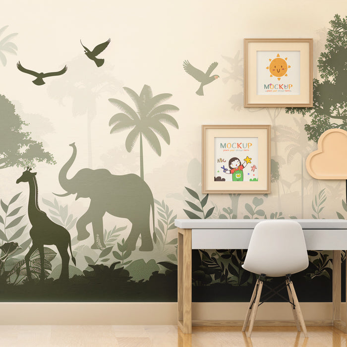 Papier peint chambre enfant | Jungle luxuriante avec éléphants et girafes en silhouette