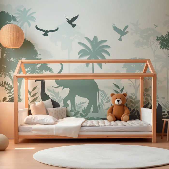 Papier peint chambre enfant | Jungle luxuriante avec éléphants et girafes en silhouette
