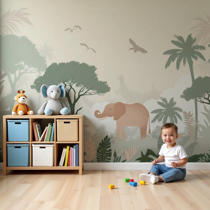 Papier peint chambre enfant | Safari doux avec éléphants et girafes en pastel