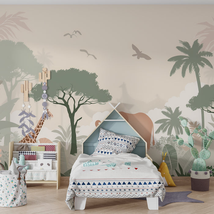 Papier peint chambre enfant | Safari doux avec éléphants et girafes en pastel