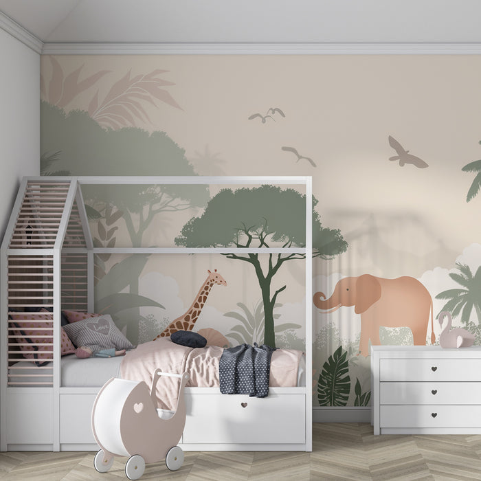 Papier peint chambre enfant | Safari doux avec éléphants et girafes en pastel