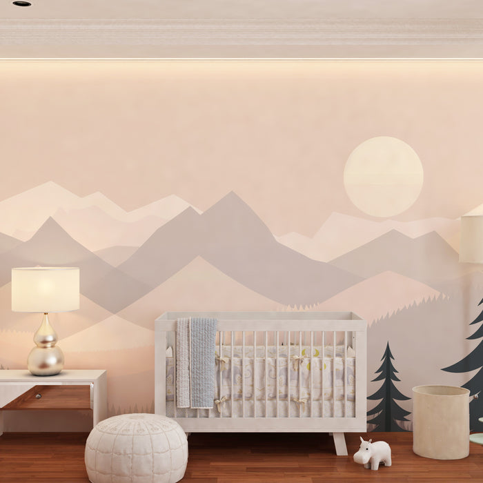 Papier peint chambre enfant | Montagnes géométriques et brume pastel