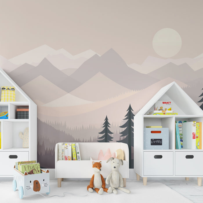 Papier peint chambre enfant | Montagnes géométriques et brume pastel