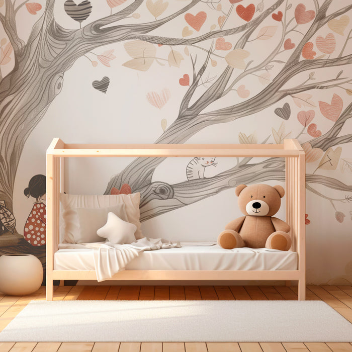 Papier peint chambre enfant | Arbre enchanté aux cœurs et chats espiègles
