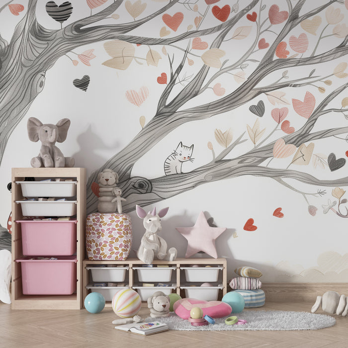 Papier peint chambre enfant | Arbre enchanté aux cœurs et chats espiègles