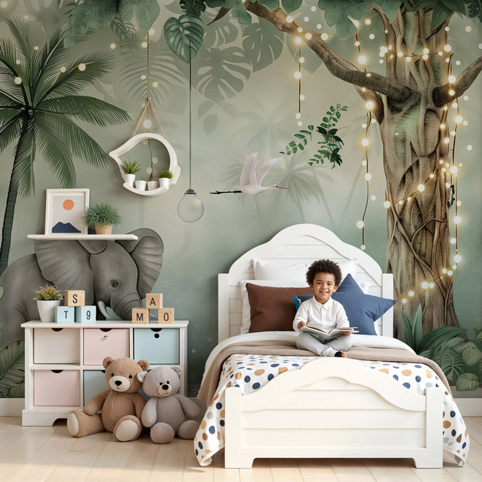 Papier peint chambre bébé | Éléphants joueurs et jungle enchantée