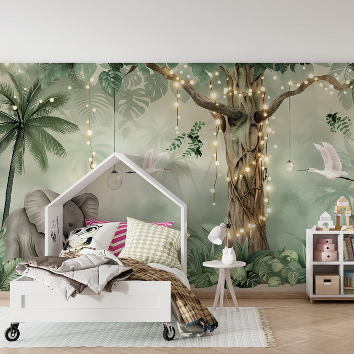 Papier peint chambre bébé | Éléphants joueurs et jungle enchantée