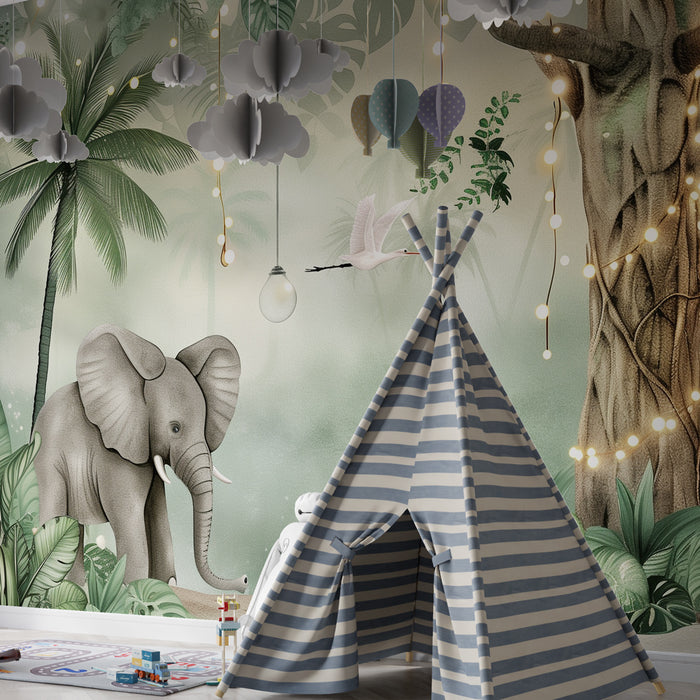 Papier peint chambre bébé | Éléphants joueurs et jungle enchantée