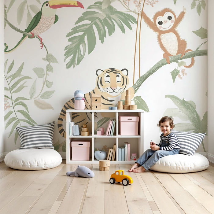 Papier peint chambre enfant | Aventure tropicale avec tigres et toucans