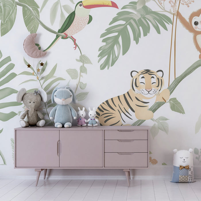 Papier peint chambre enfant | Aventure tropicale avec tigres et toucans