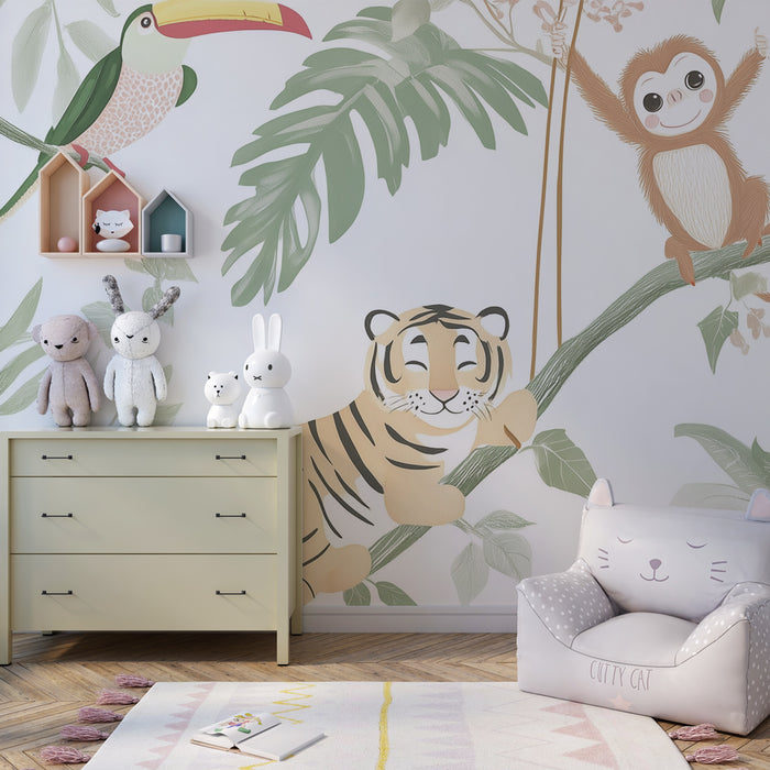 Papier peint chambre enfant | Aventure tropicale avec tigres et toucans