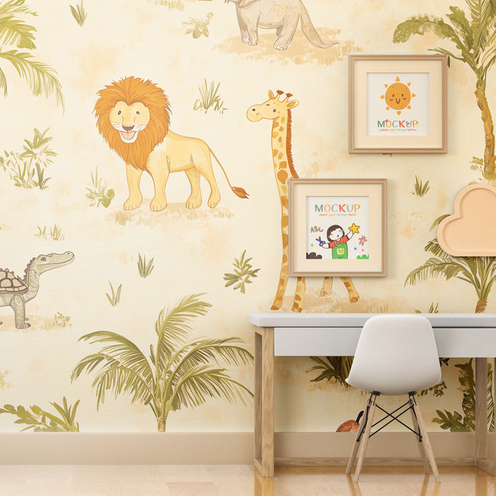 Papier peint chambre enfant | Safari ludique avec animaux exotiques et palmiers