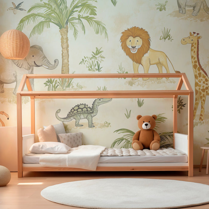 Papier peint chambre enfant | Safari ludique avec animaux exotiques et palmiers
