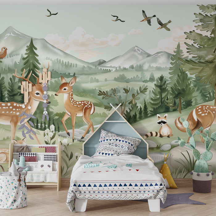 Papier peint chambre enfant | Forêt enchantée avec faons et renards