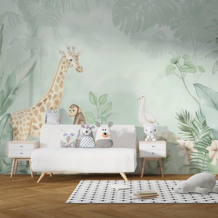 Papier peint chambre enfant | Jungle tropicale douce avec girafe et singe