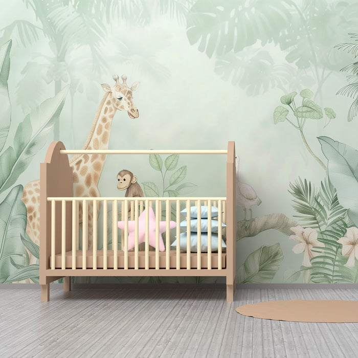 Papier peint chambre enfant | Jungle tropicale douce avec girafe et singe