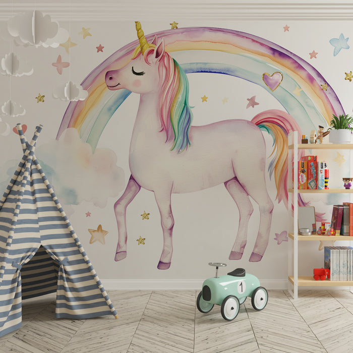 Papier peint chambre enfant | Licorne enchantée sous arc-en-ciel pastel