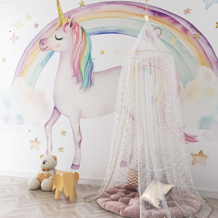 Papier peint chambre enfant | Licorne enchantée sous arc-en-ciel pastel