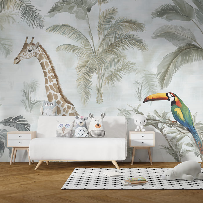 Papier peint chambre enfant | Jungle aquarelle avec girafe et toucan coloré