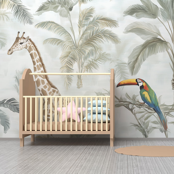 Papier peint chambre enfant | Jungle aquarelle avec girafe et toucan coloré