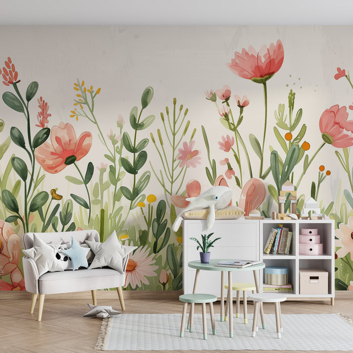 Papier peint chambre bébé | Jardin enchanté avec lapins et fleurs pastel