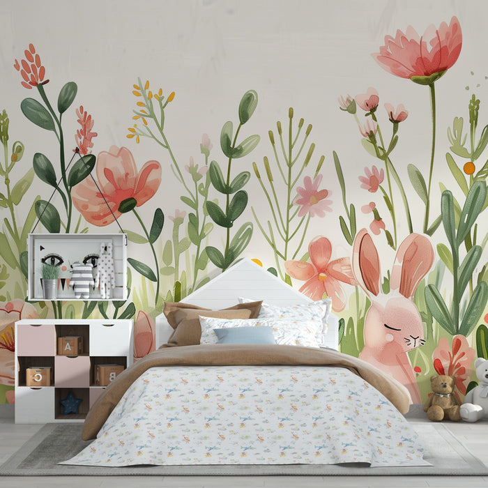 Papier peint chambre bébé | Jardin enchanté avec lapins et fleurs pastel