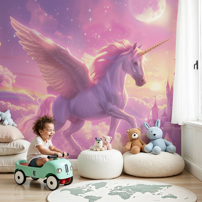 Papier peint chambre enfant | Licorne enchantée et château féerique sous la lune