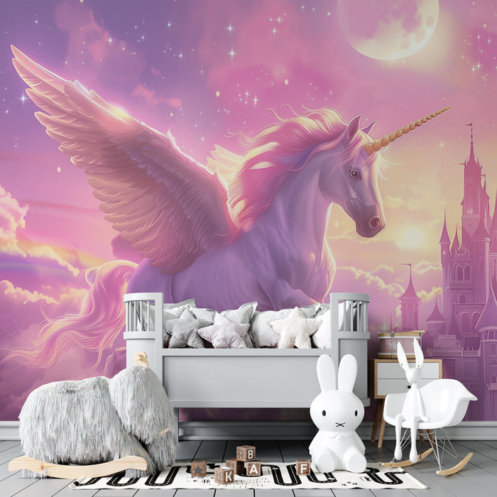 Papier peint chambre enfant | Licorne enchantée et château féerique sous la lune
