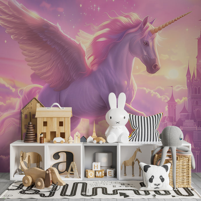 Papier peint chambre enfant | Licorne enchantée et château féerique sous la lune