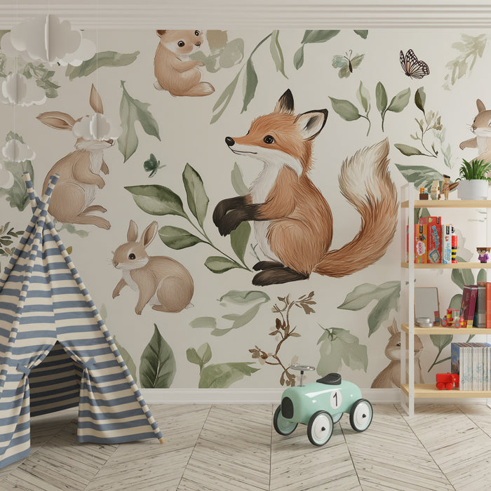 Papier peint chambre bébé | Forêt enchantée avec renards et lapins
