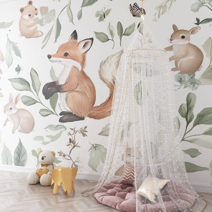 Papier peint chambre bébé | Forêt enchantée avec renards et lapins