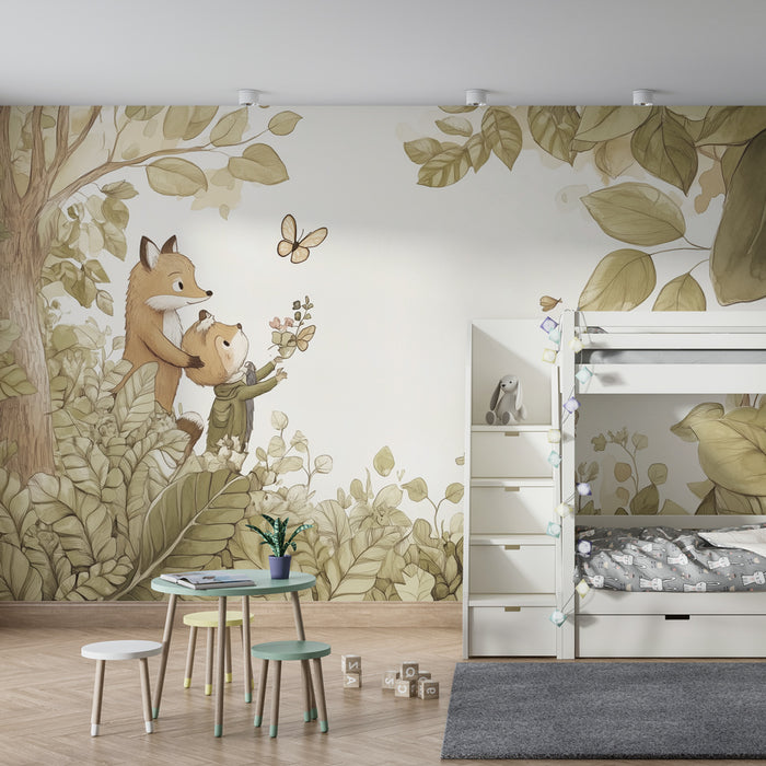 Papier peint chambre enfant | Forêt enchantée avec renards et papillon en vol