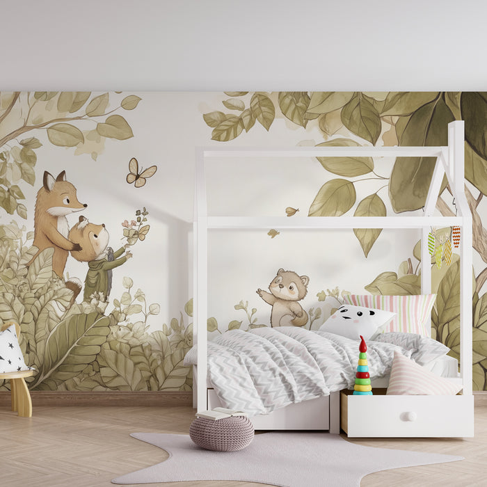 Papier peint chambre enfant | Forêt enchantée avec renards et papillon en vol