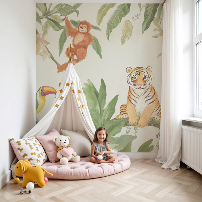 Papier peint chambre enfant | Jungle enchantée avec tigre et toucan coloré