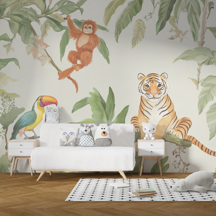 Papier peint chambre enfant | Jungle enchantée avec tigre et toucan coloré