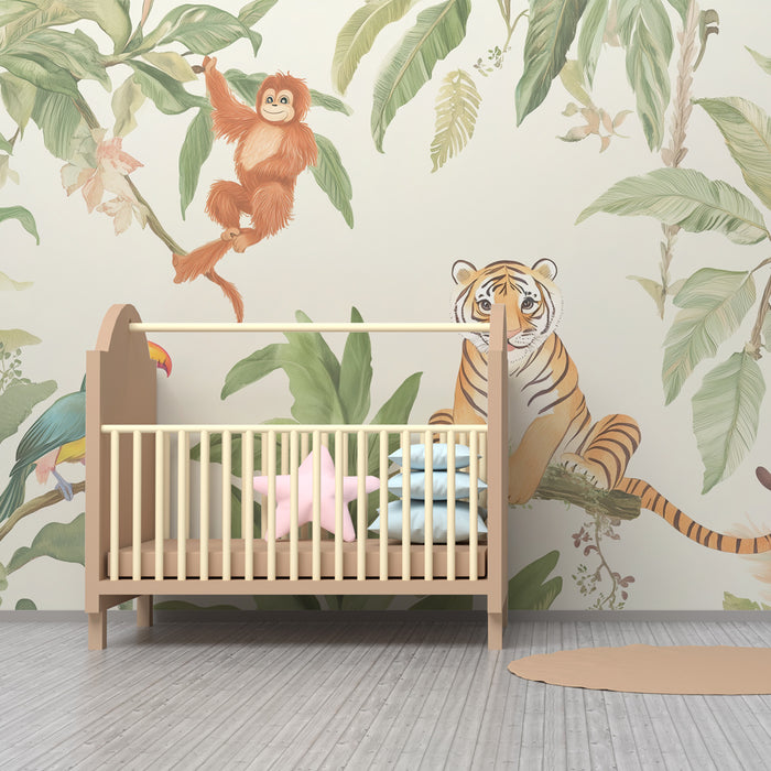Papier peint chambre enfant | Jungle enchantée avec tigre et toucan coloré